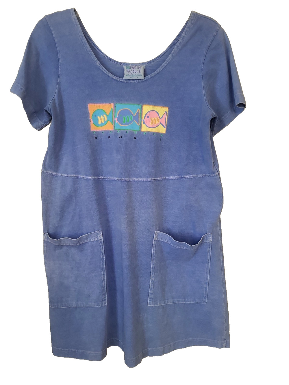Fresh Produce Women’s Short-Sleeved Shift Blue Dress Pockets Hawaii Fish Beach